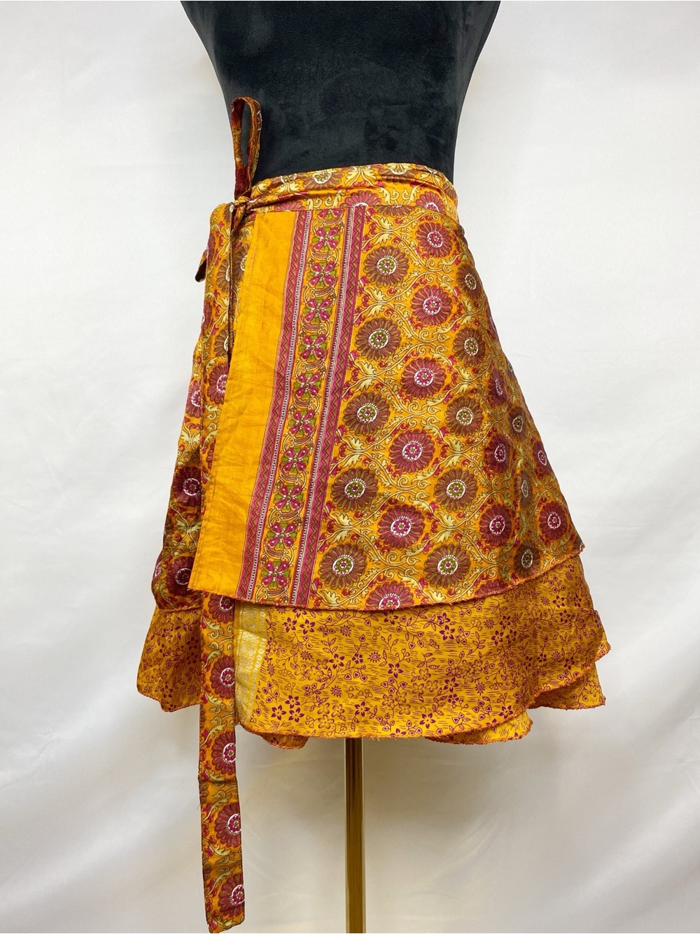 Silk Blend Boho Festival Indian Floral Layered Wrap Skirt Size Small